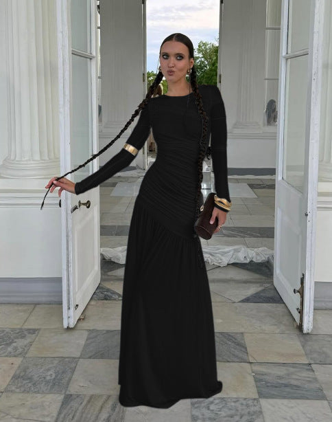 Women's Solid Color Fashion Slim-fit Pleated Round-neck Long-sleeved Dress