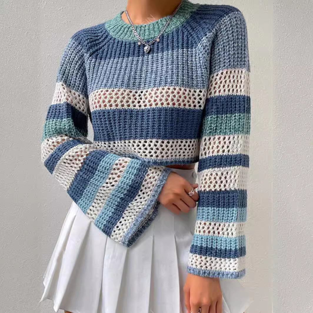 Contrast Color Striped Hollow Short Fashion Sweater