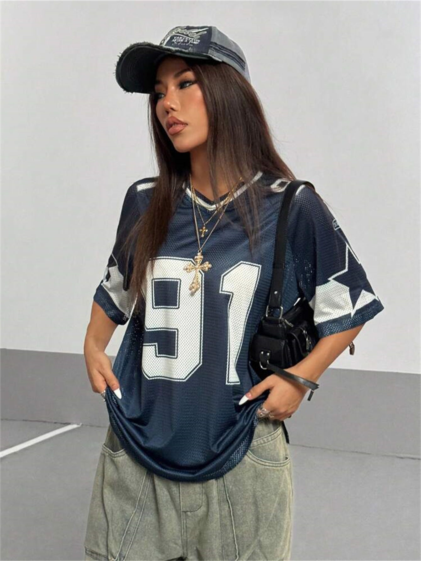 European And American Street Style Large Number Printed V-neck Loose T-shirt