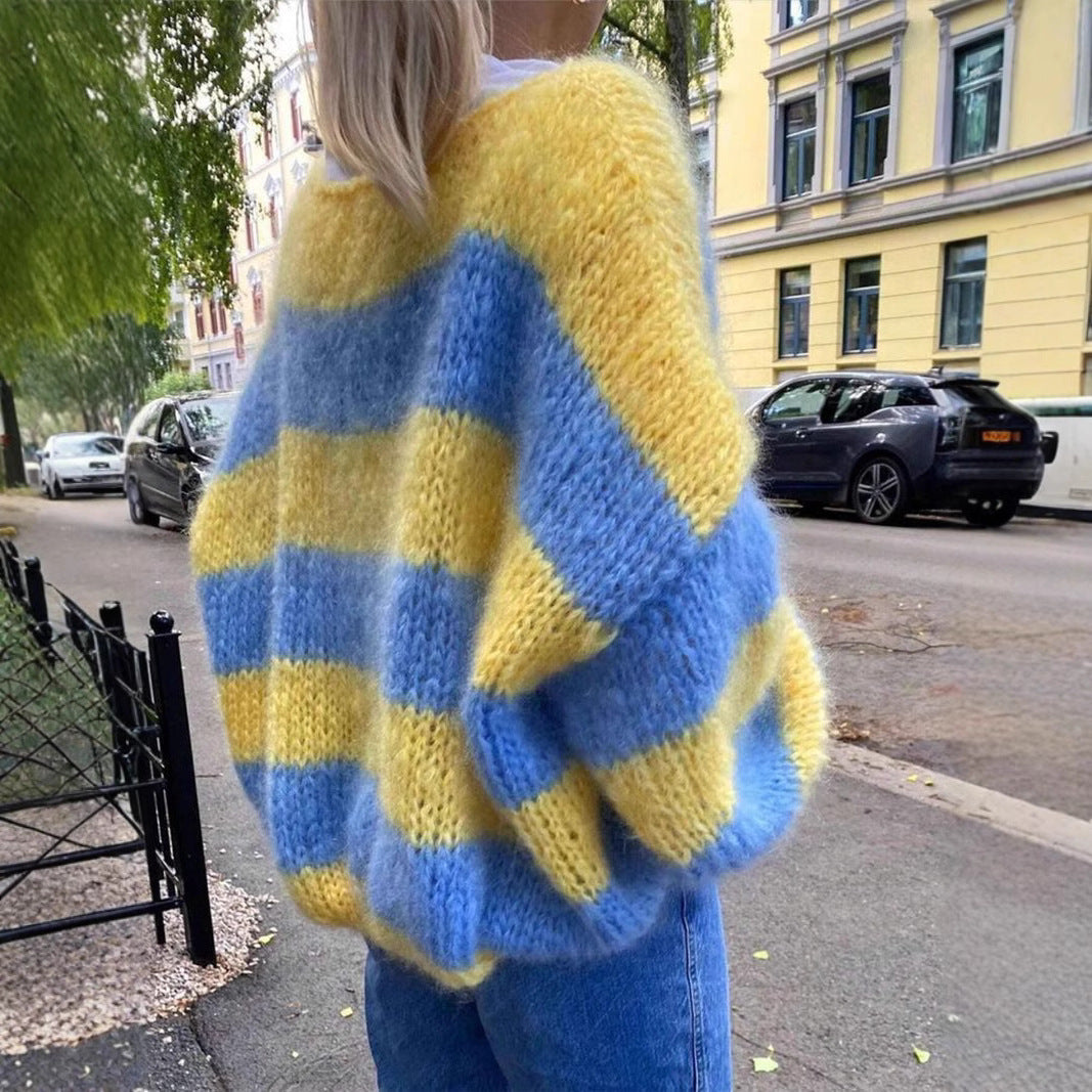 Women's Loose Gradient Stripes Contrast Color Crew Neck Pullover Sweater
