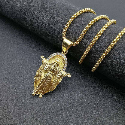 Titanium Steel Gold-plated Diamond Jesus Pendant Necklace