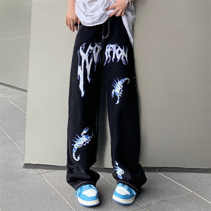 Street Print High Waist Jeans For Men And Women