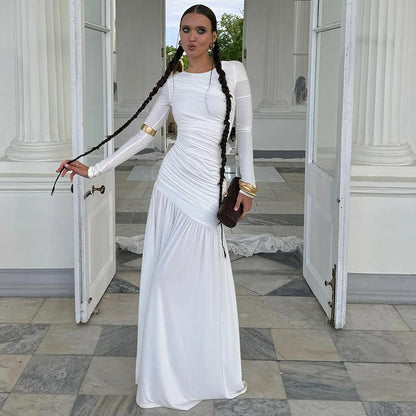 Women's Solid Color Fashion Slim-fit Pleated Round-neck Long-sleeved Dress