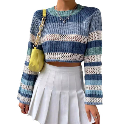 Contrast Color Striped Hollow Short Fashion Sweater