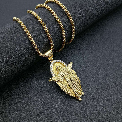 Titanium Steel Gold-plated Diamond Jesus Pendant Necklace