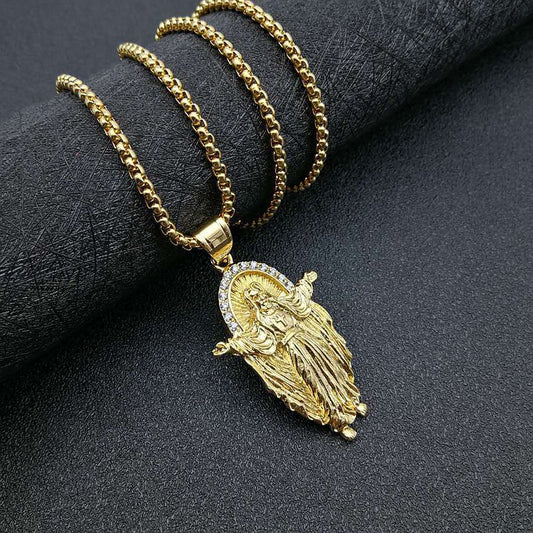 Titanium Steel Gold-plated Diamond Jesus Pendant Necklace