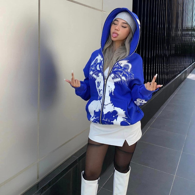 Women's Street Hip-hop Girl Printed Zipper Hooded Sweater