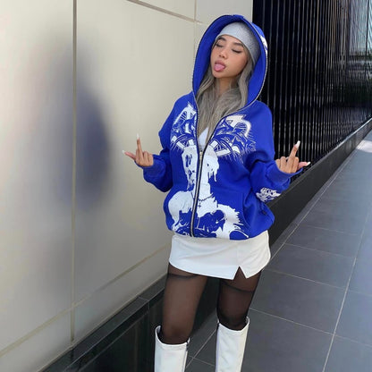 Women's Street Hip-hop Girl Printed Zipper Hooded Sweater