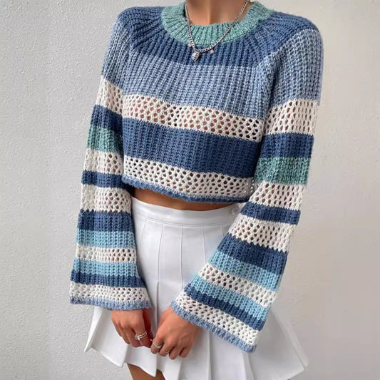 Contrast Color Striped Hollow Short Fashion Sweater