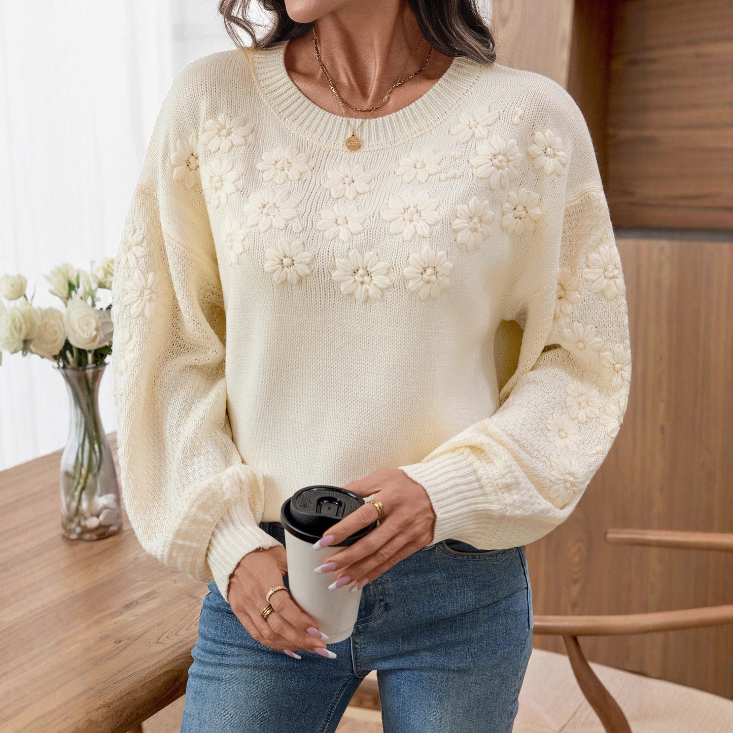 Machine Embroidery Three-dimensional Small Chrysanthemum Pullover Round Neck Loose Knitted Sweater