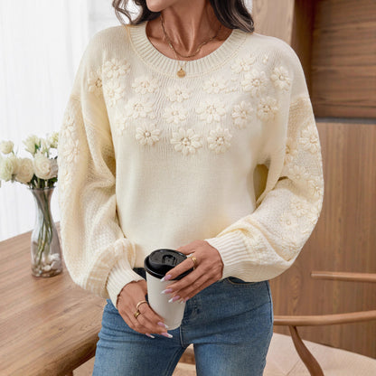 Machine Embroidery Three-dimensional Small Chrysanthemum Pullover Round Neck Loose Knitted Sweater