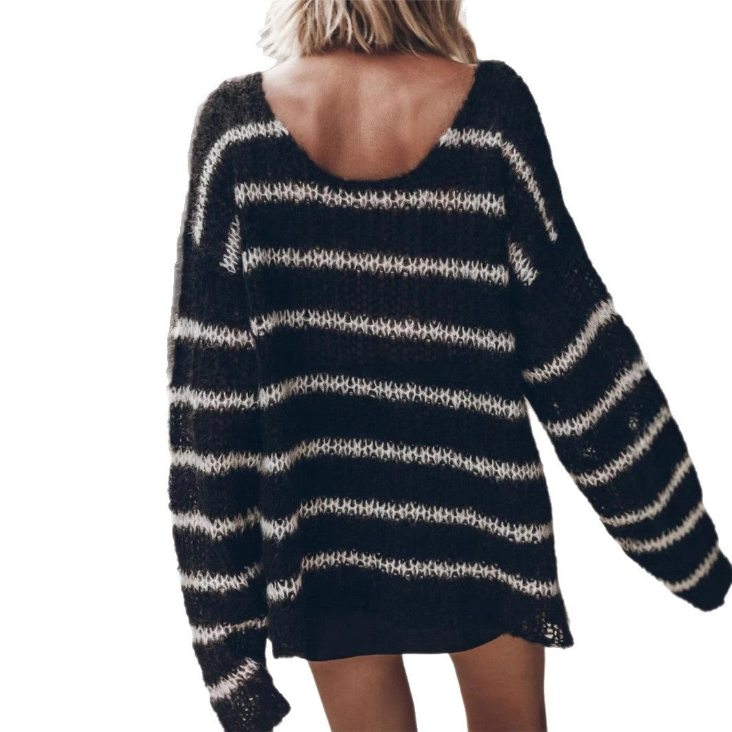 Striped See-through Loose Long Sleeve Casual Sweater Top