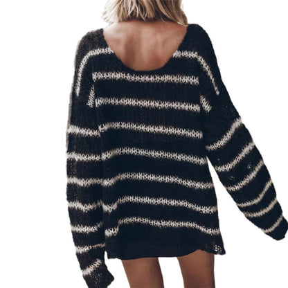 Striped See-through Loose Long Sleeve Casual Sweater Top