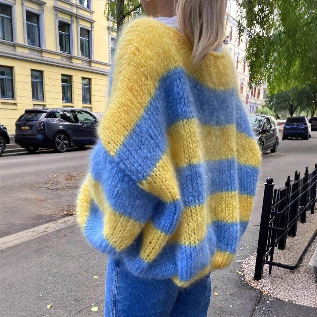 Women's Loose Gradient Stripes Contrast Color Crew Neck Pullover Sweater