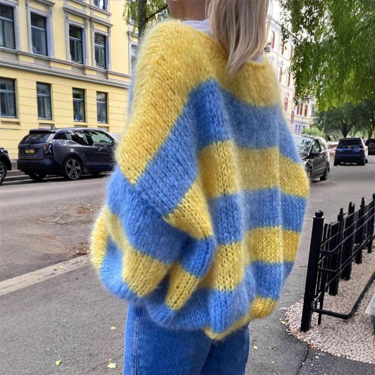 Women's Loose Gradient Stripes Contrast Color Crew Neck Pullover Sweater