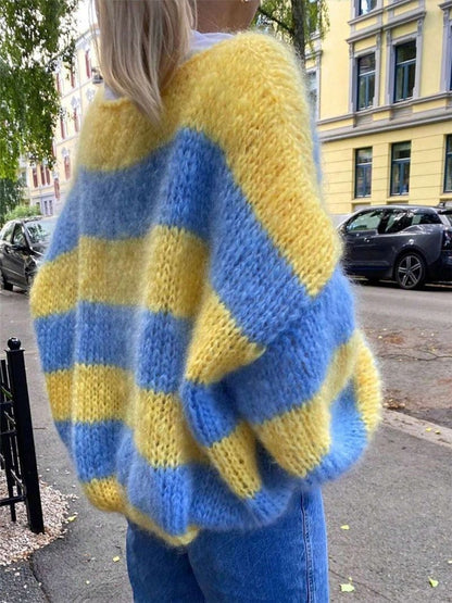 Women's Loose Gradient Stripes Contrast Color Crew Neck Pullover Sweater
