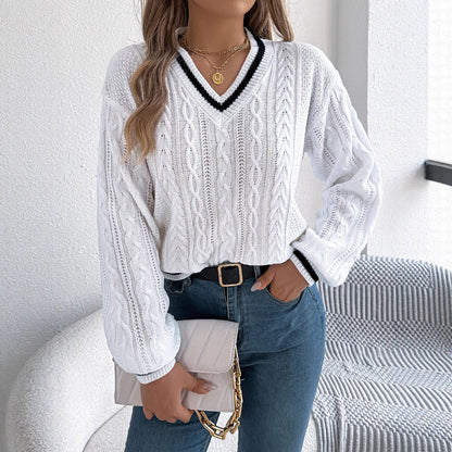 College Style Color-block V Neck Twist Lantern Long Sleeve Sweater