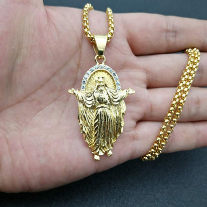Titanium Steel Gold-plated Diamond Jesus Pendant Necklace