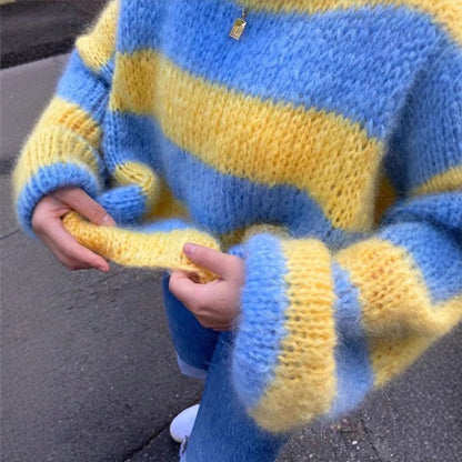 Women's Loose Gradient Stripes Contrast Color Crew Neck Pullover Sweater