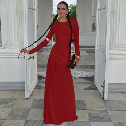 Women's Solid Color Fashion Slim-fit Pleated Round-neck Long-sleeved Dress