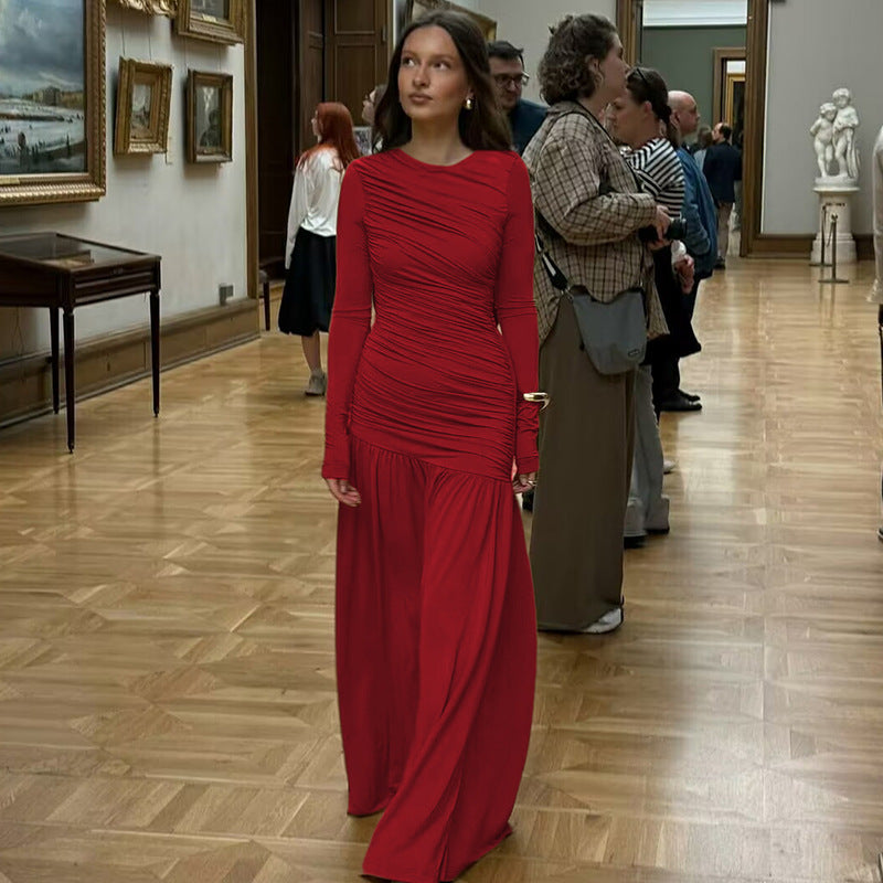 Women's Solid Color Fashion Slim-fit Pleated Round-neck Long-sleeved Dress