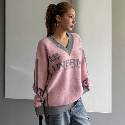 Hot Girl Loose Preppy Style Casual Contrast Color Lazy Sweater