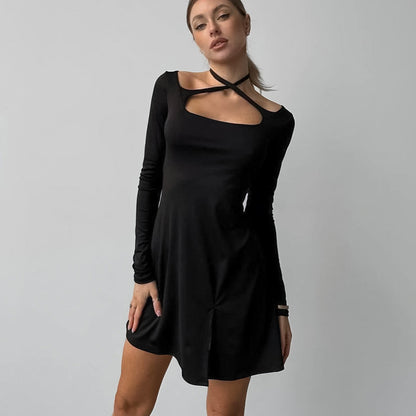 Women's Slim-fit Slimming Knitted Square Collar Design Lace-up Dress