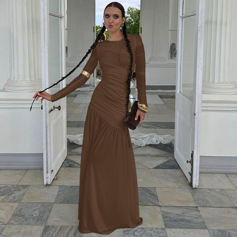 Women's Solid Color Fashion Slim-fit Pleated Round-neck Long-sleeved Dress