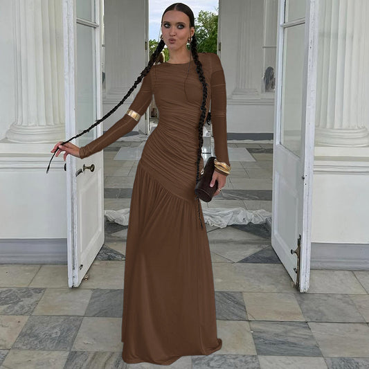 Women's Solid Color Fashion Slim-fit Pleated Round-neck Long-sleeved Dress