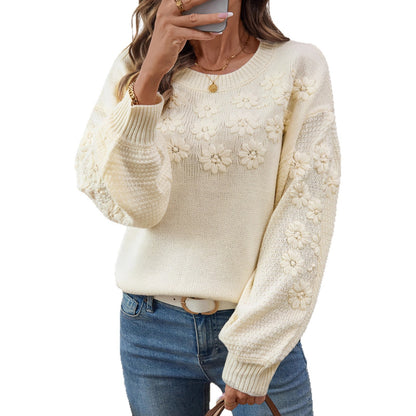 Machine Embroidery Three-dimensional Small Chrysanthemum Pullover Round Neck Loose Knitted Sweater