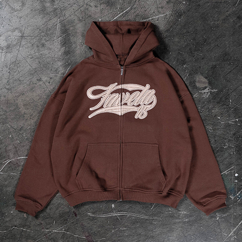 American Retro Hooded Zip-up Shirt Printed Sweater