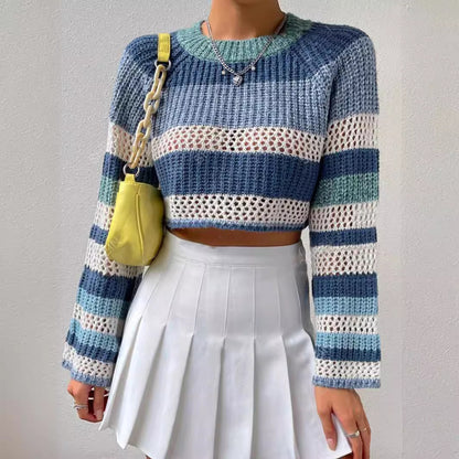 Contrast Color Striped Hollow Short Fashion Sweater