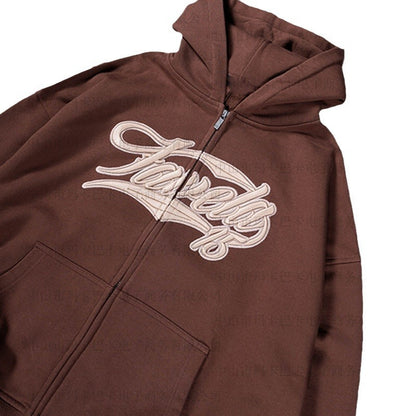 American Retro Hooded Zip-up Shirt Printed Sweater