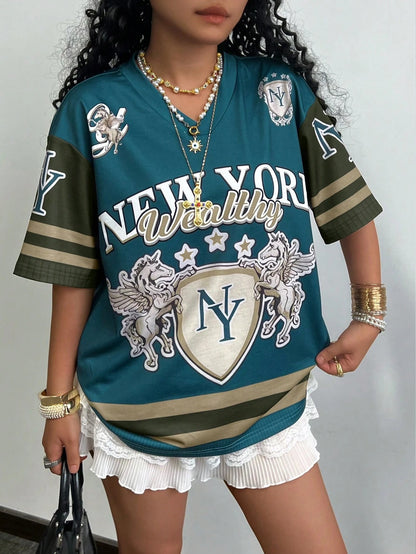 Summer Short-sleeved Women's T-shirt V-neck Letter Printing