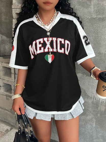 Summer Short-sleeved Women's T-shirt V-neck Letter Printing