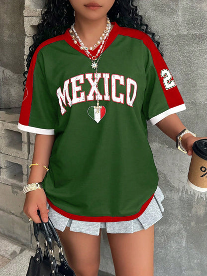 Summer Short-sleeved Women's T-shirt V-neck Letter Printing