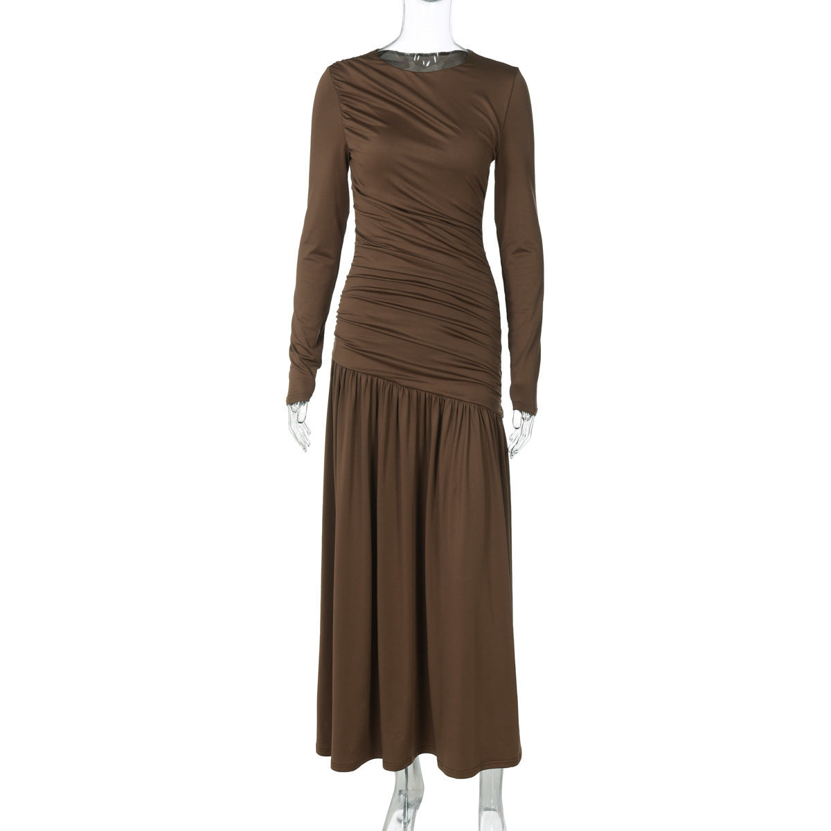 Women's Solid Color Fashion Slim-fit Pleated Round-neck Long-sleeved Dress