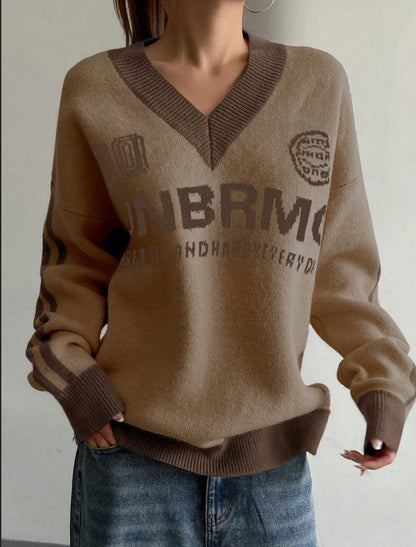 Hot Girl Loose Preppy Style Casual Contrast Color Lazy Sweater