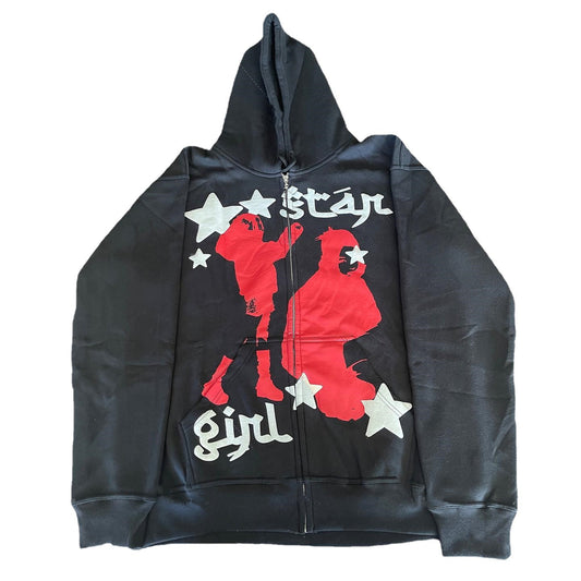 Street Hip Hop Star Print Black Zip Hoodie Sweatshirt Women