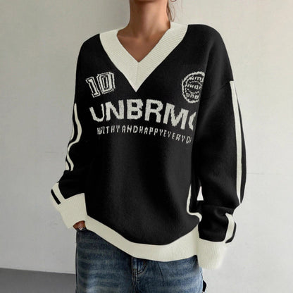 Hot Girl Loose Preppy Style Casual Contrast Color Lazy Sweater
