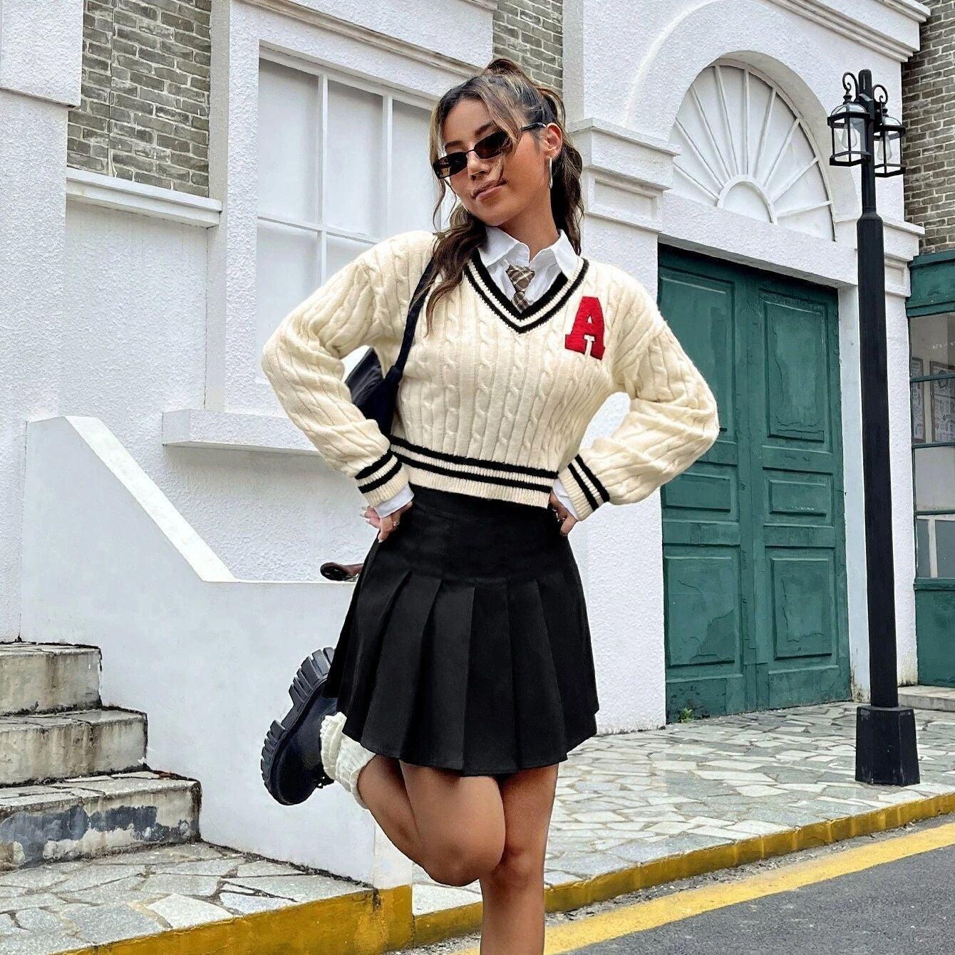 V-neck Youthful Campus Younger Knitted Shirt Slim Striped Long Sleeve