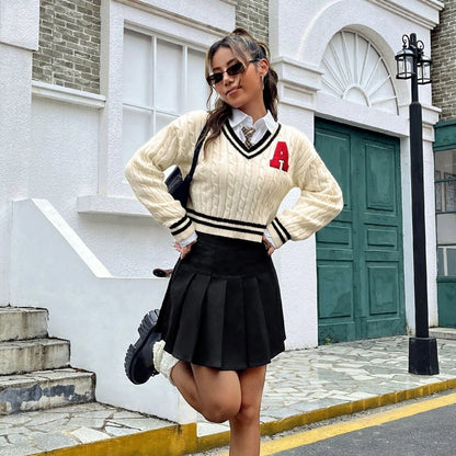 V-neck Youthful Campus Younger Knitted Shirt Slim Striped Long Sleeve