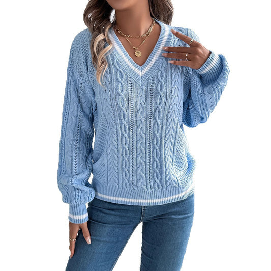 College Style Color-block V Neck Twist Lantern Long Sleeve Sweater