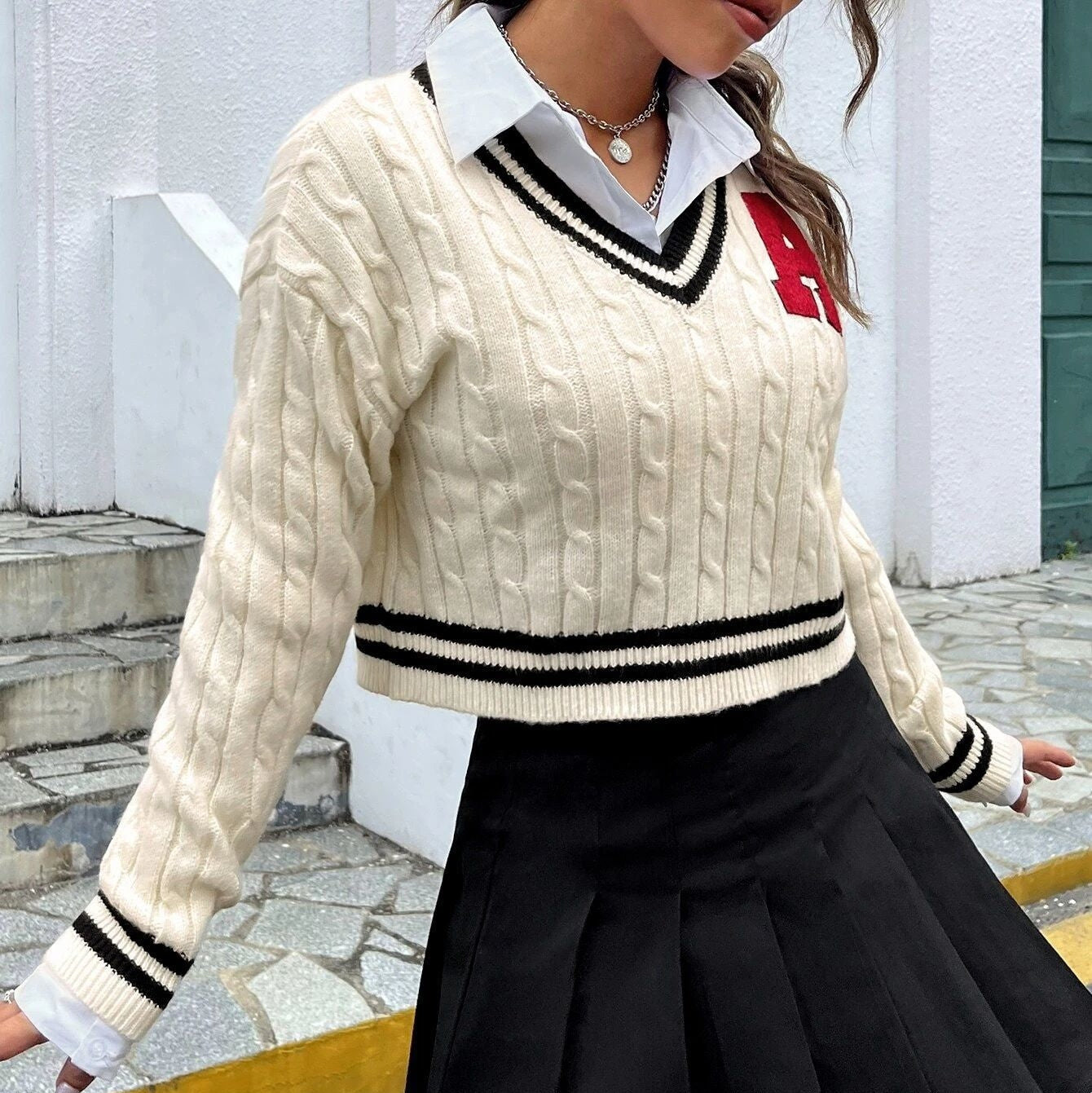V-neck Youthful Campus Younger Knitted Shirt Slim Striped Long Sleeve