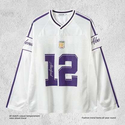 Digital Printed Long-sleeved T-shirt Jersey Contrast Color V-neck Top