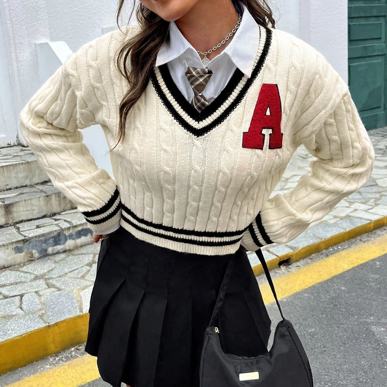 V-neck Youthful Campus Younger Knitted Shirt Slim Striped Long Sleeve