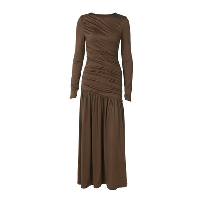 Women's Solid Color Fashion Slim-fit Pleated Round-neck Long-sleeved Dress